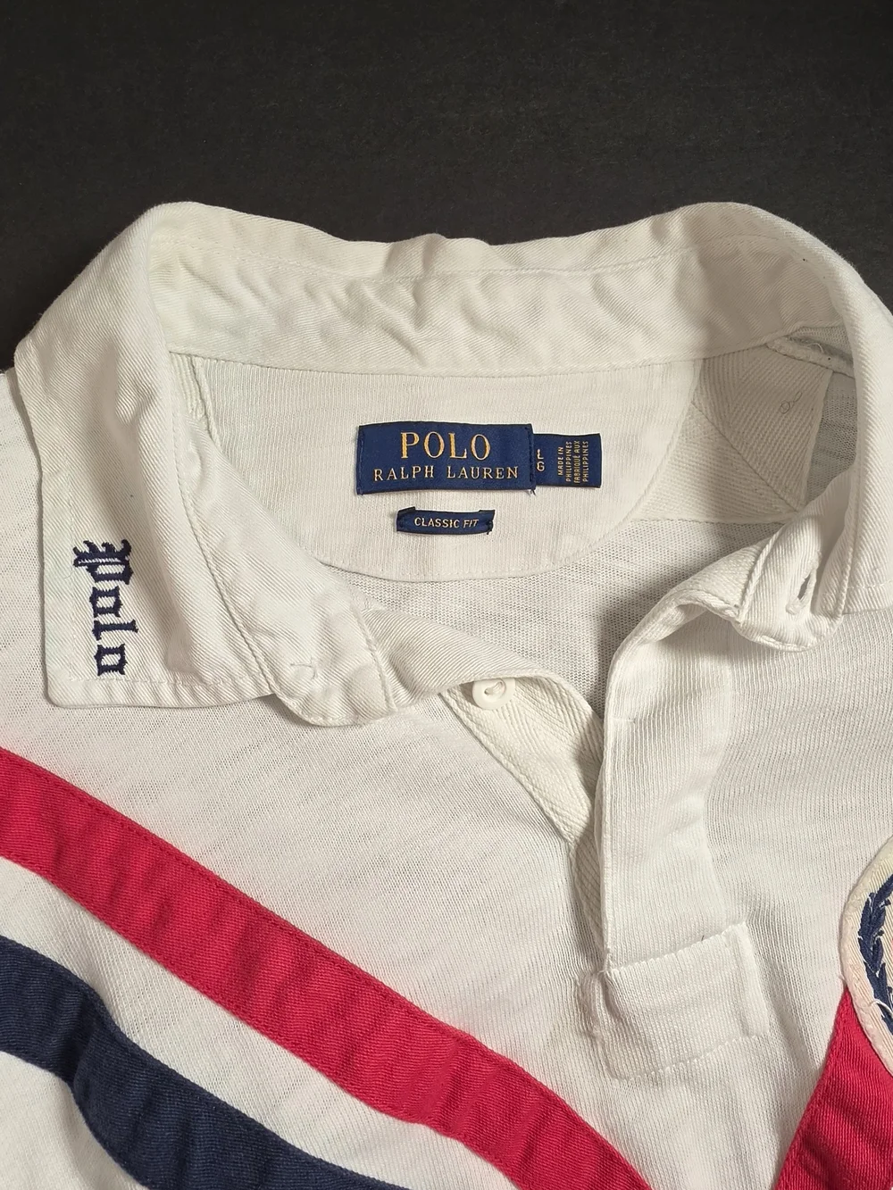 Polo by Ralph Lauren White Long-Sleeve Polo with Red & Navy V-Stripes